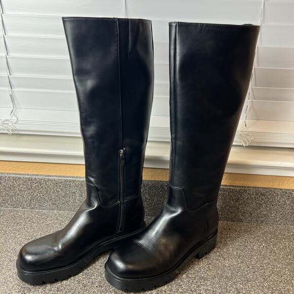 Nine West Over The Knee Womens Sz 9.5 M Boots Black Faux Leather Lugged Sole Zip - Picture 1 of 9
